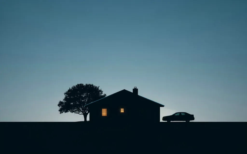 A house and a parked car in silhouette at dusk, two windows lit